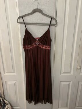Vintage Y2K ICE Pink and Brown Mesh Overlay Beaded Accent Midi Dress Size 6
